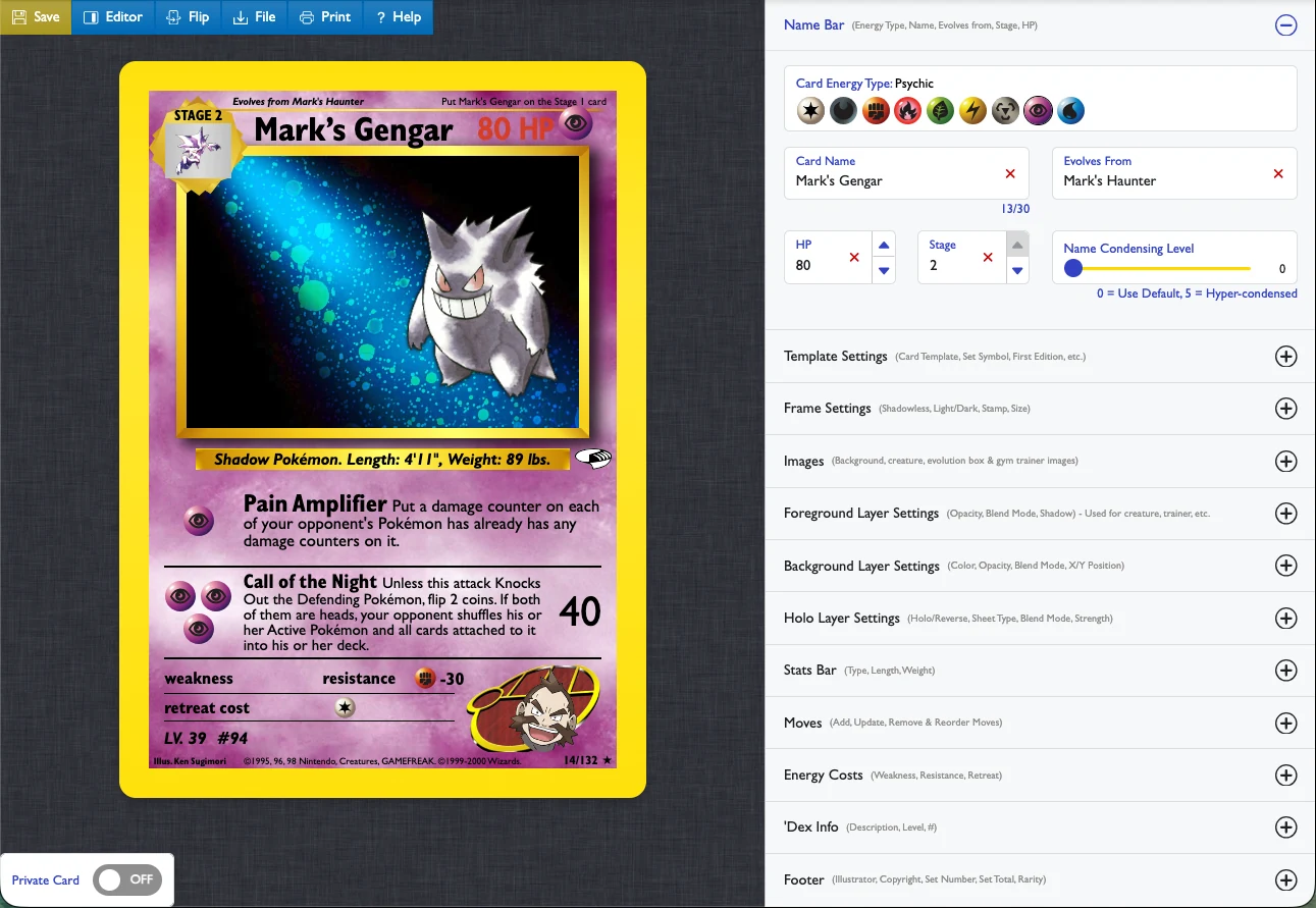 The card creator: a Gengar card preview beside the Name Bar, template, image, holo and move settings